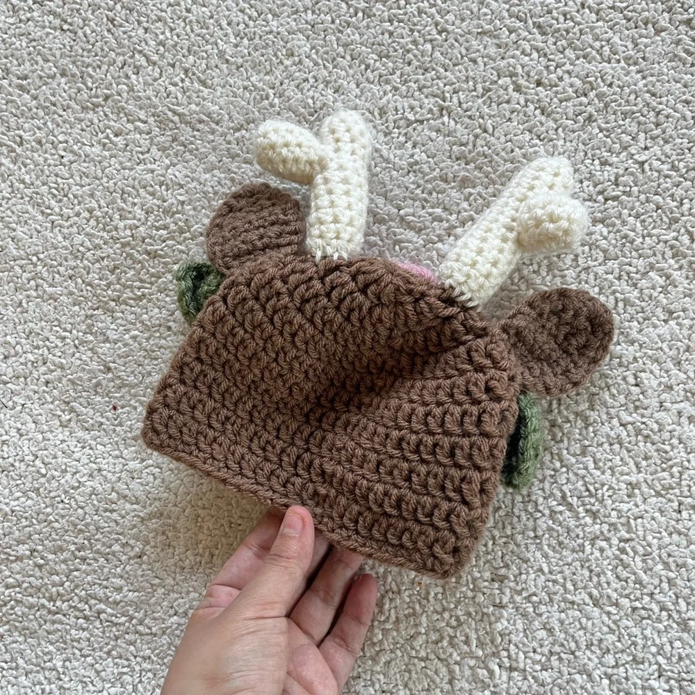 Handmade Adorable Brown Knit girls Hat with Pink Floral Design